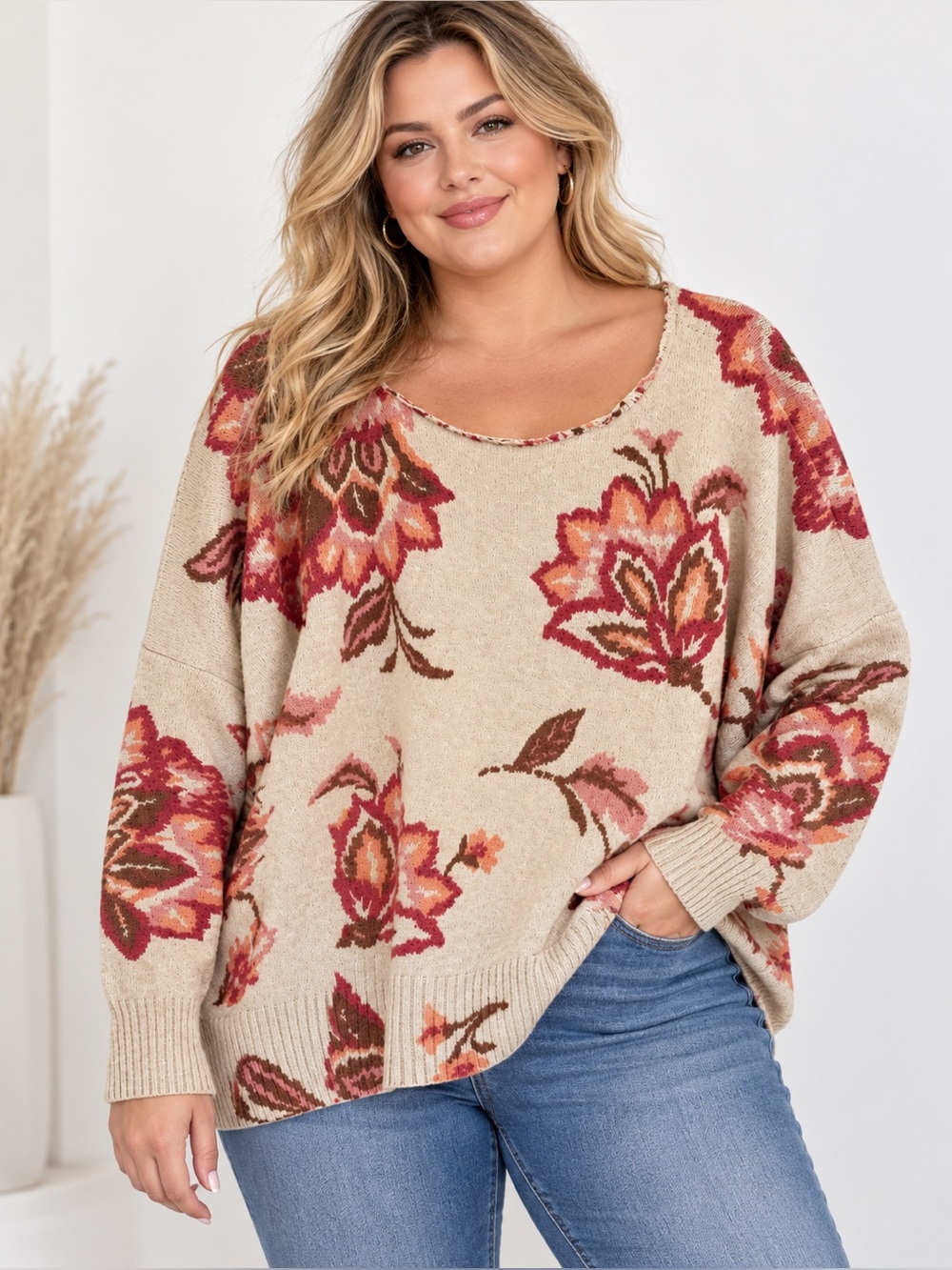 LC Lauren Conrad 3X Floral Oversized Knit Sweater Boho Cottagecore
